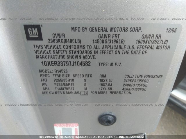 1GKER33797J104582 - 2007 GMC ACADIA SLT-2 SILVER photo 9