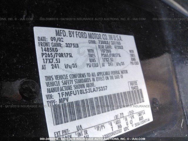 1FMFU18L53LA75357 - 2003 FORD EXPEDITION EDDIE BAUER BLACK photo 9