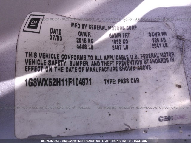 1G3WX52H11F104971 - 2001 OLDSMOBILE INTRIGUE GLS SILVER photo 9