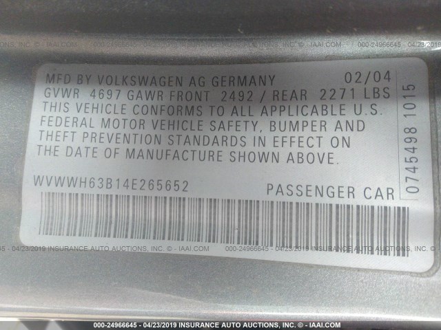 WVWWH63B14E265652 - 2004 VOLKSWAGEN PASSAT GLX GRAY photo 9