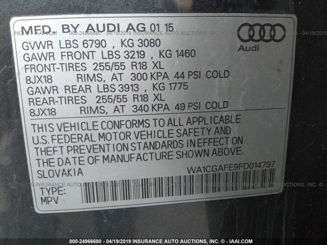 WA1CGAFE9FD014797 - 2015 AUDI Q7 PREMIUM GRAY photo 9