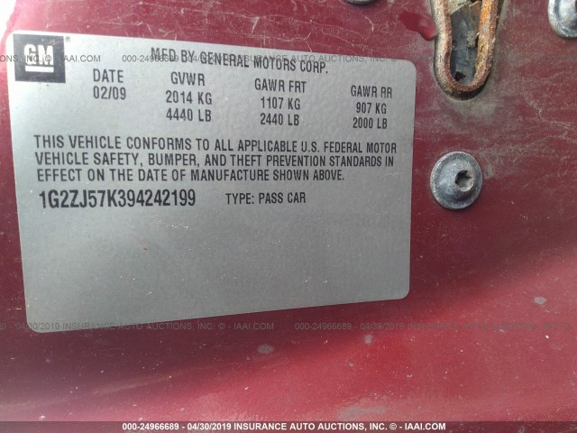 1G2ZJ57K394242199 - 2009 PONTIAC G6 红色 照片 9