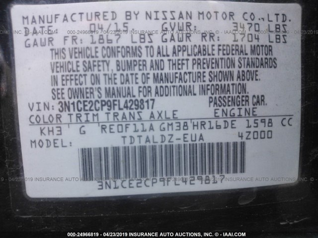 3N1CE2CP9FL429817 - 2015 NISSAN VERSA NOTE S/S PLUS/SV/SL/SR BLACK photo 9