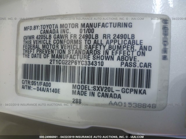 2T1CG22P6YC334310 - 2000 TOYOTA CAMRY SOLARA SE WHITE photo 9