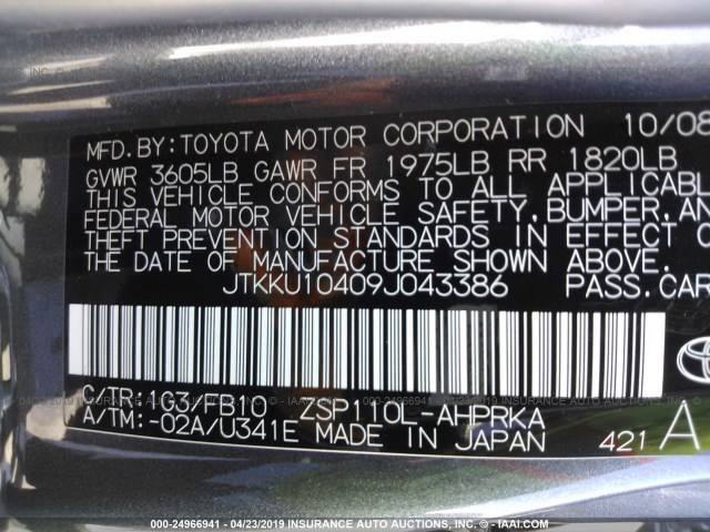 JTKKU10409J043386 - 2009 TOYOTA SCION XD GRAY photo 9