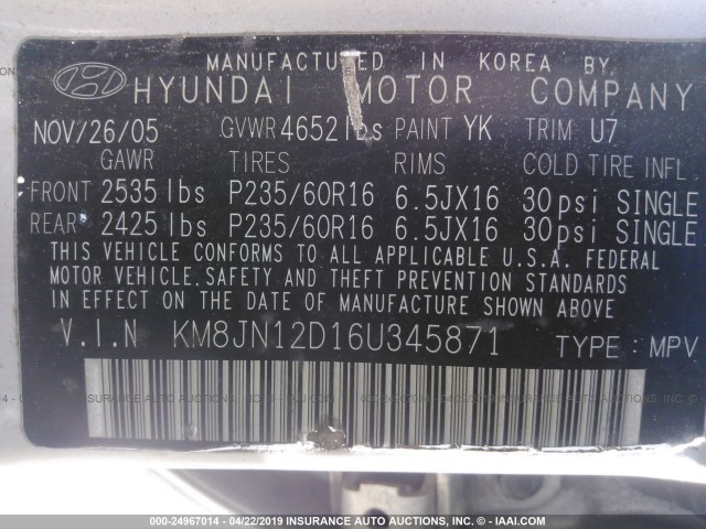 KM8JN12D16U345871 - 2006 HYUNDAI TUCSON GLS/LIMITED 银色 照片 9