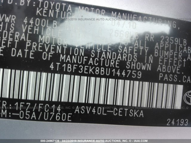 4T1BF3EK8BU144759 - 2011 TOYOTA CAMRY SE/LE/XLE SILVER photo 9