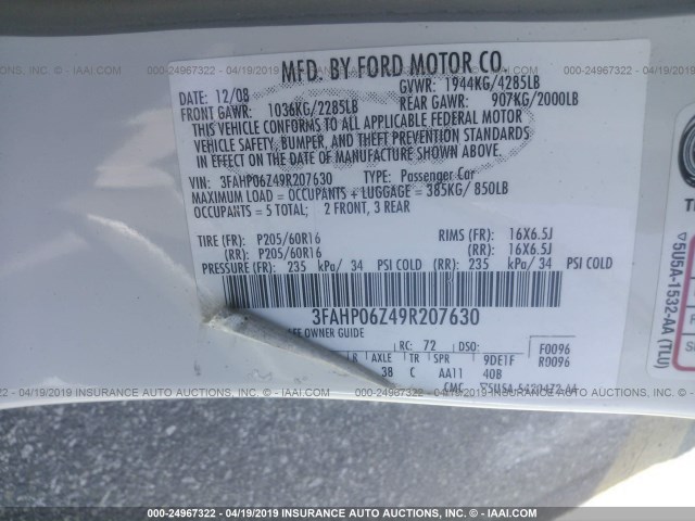 3FAHP06Z49R207630 - 2009 FORD FUSION S WHITE photo 9