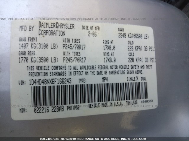 1D4HD48NX6F166243 - 2006 DODGE DURANGO SLT SILVER photo 9