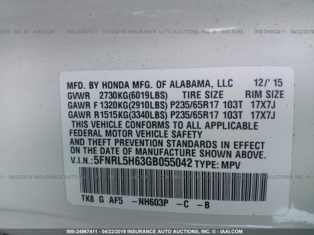 5FNRL5H63GB055042 - 2016 HONDA ODYSSEY EXL WHITE photo 9