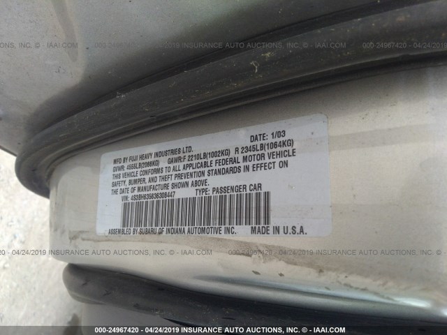 4S3BH635636308447 - 2003 SUBARU LEGACY L/L SPECIAL SILVER photo 9