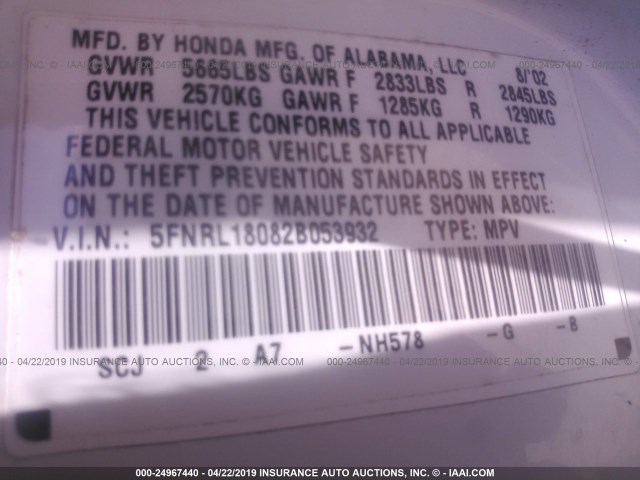 5FNRL18082B053932 - 2002 HONDA ODYSSEY EXL WHITE photo 9