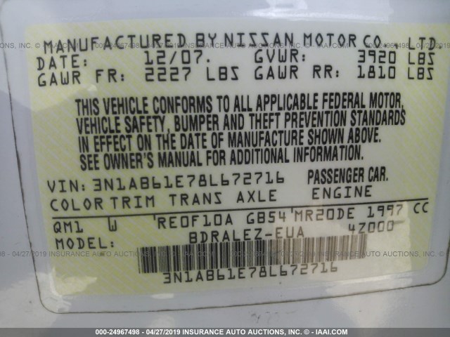 3N1AB61E78L672716 - 2008 NISSAN SENTRA 2.0/2.0S/2.0SL WHITE photo 9