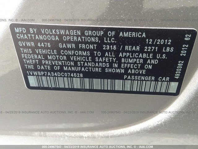 1VWBP7A34DC074528 - 2013 VOLKSWAGEN PASSAT SE GOLD photo 9