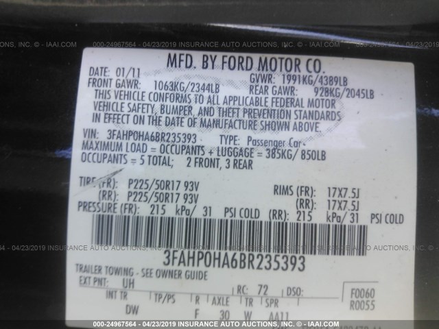 3FAHP0HA6BR235393 - 2011 FORD FUSION SE BLACK photo 9