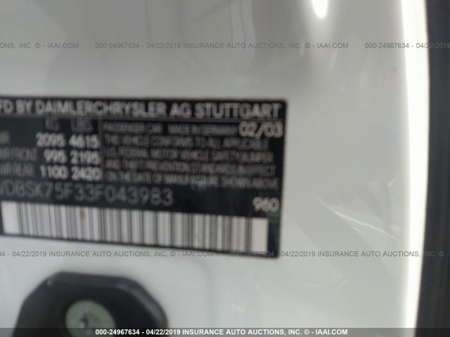 WDBSK75F33F043983 - 2003 MERCEDES-BENZ SL 500R WHITE photo 9