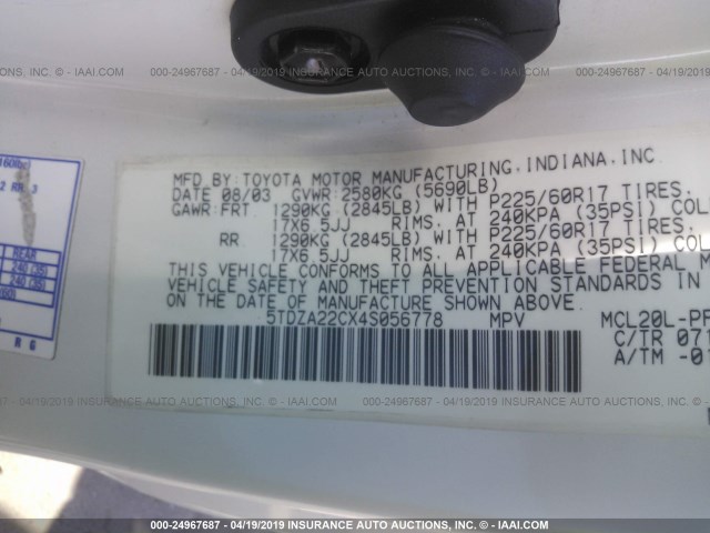 5TDZA22CX4S056778 - 2004 TOYOTA SIENNA XLE/XLE LIMITED WHITE photo 9