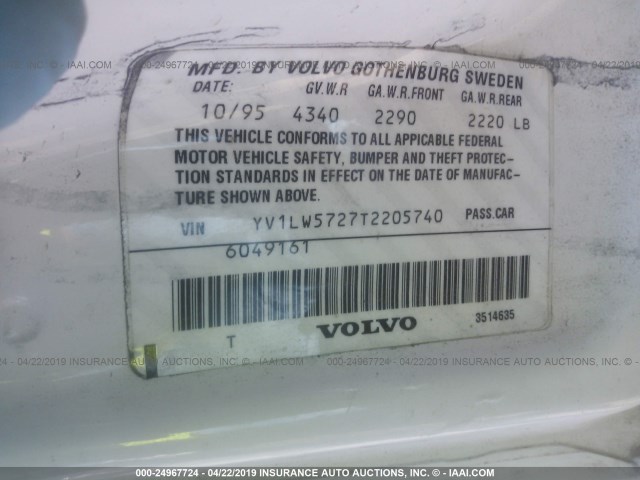 YV1LW5727T2205740 - 1996 VOLVO 850 WHITE photo 9