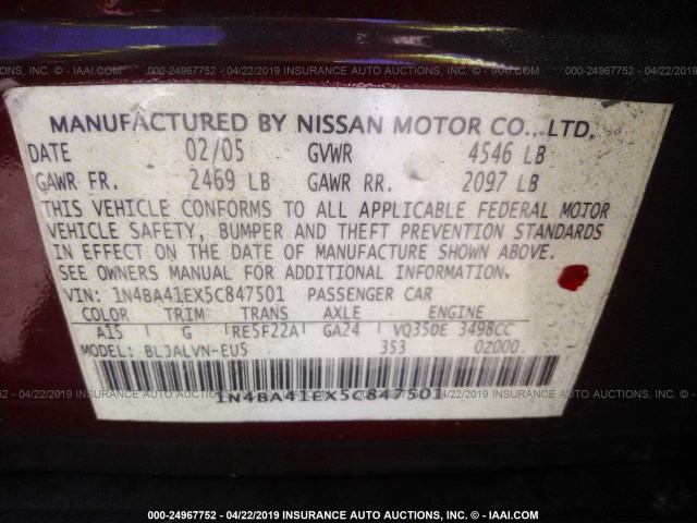 1N4BA41EX5C847501 - 2005 NISSAN MAXIMA SE/SL RED photo 9