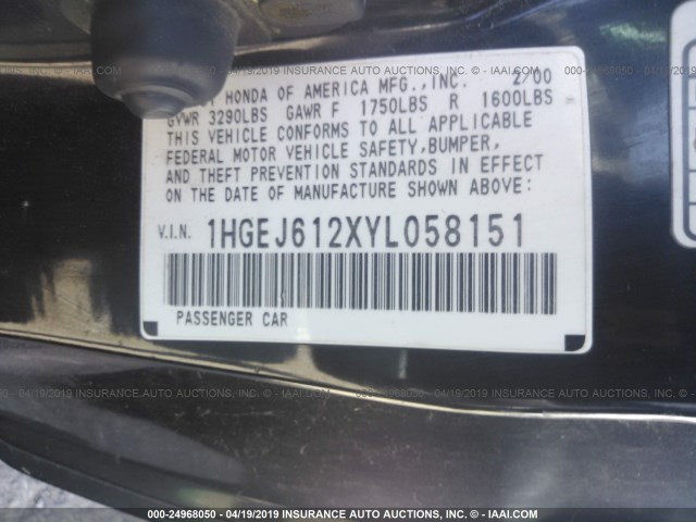 1HGEJ612XYL058151 - 2000 HONDA CIVIC DX BLACK photo 9