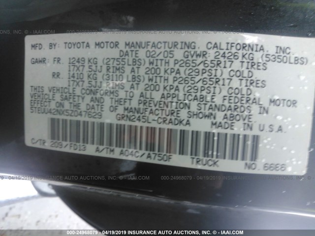 5TEUU42NX5Z047629 - 2005 TOYOTA TACOMA ACCESS CAB შავი ფოტო 9