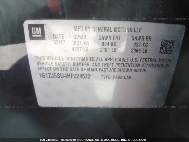 1G1ZJ5SU4HF224522 - 2017 CHEVROLET MALIBU HYBRID BLACK photo 9