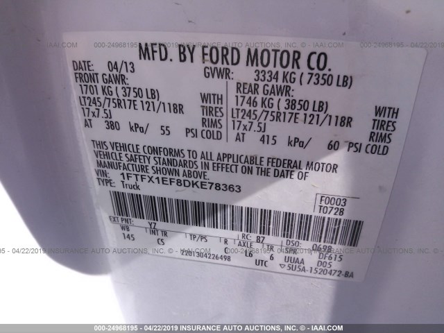 1FTFX1EF8DKE78363 - 2013 FORD F150 SUPER CAB WHITE photo 9