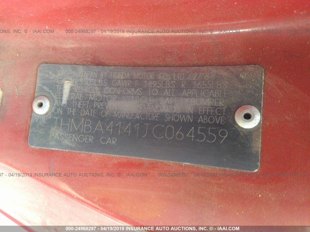 JHMBA4141JC064559 - 1988 HONDA PRELUDE SI RED photo 9