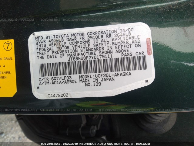 JT8BH28F2Y0179111 - 2000 LEXUS LS 400 GREEN photo 9