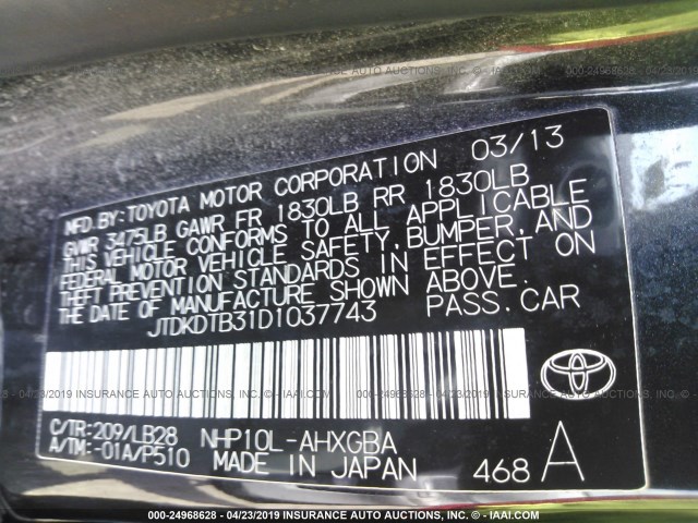 JTDKDTB31D1037743 - 2013 TOYOTA PRIUS C BLACK photo 9