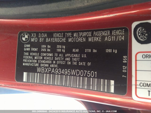 WBXPA93495WD07501 - 2005 BMW X3 3.0I RED photo 9