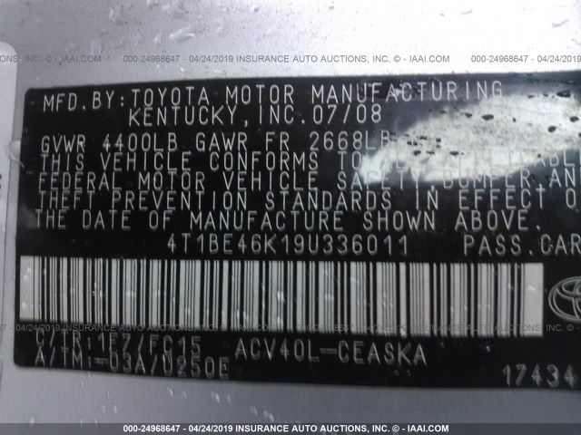 4T1BE46K19U336011 - 2009 TOYOTA CAMRY SE/LE/XLE SILVER photo 9