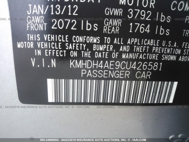 KMHDH4AE9CU426581 - 2012 HYUNDAI ELANTRA GLS/LIMITED GRAY photo 9