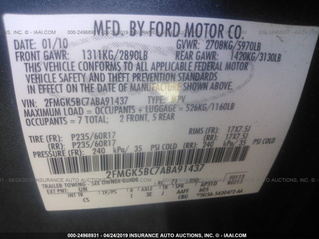 2FMGK5BC7ABA91437 - 2010 FORD FLEX SE BLUE photo 9