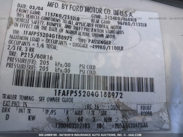 1FAFP55204G188972 - 2004 FORD TAURUS SES SILVER photo 9