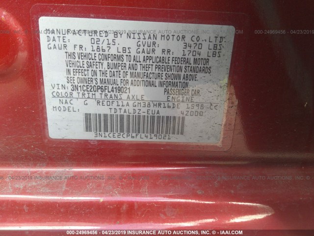 3N1CE2CP6FL419021 - 2015 NISSAN VERSA NOTE S/S PLUS/SV/SL/SR RED photo 9