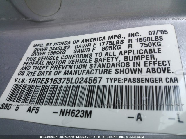 1HGES16375L024567 - 2005 HONDA CIVIC DX VP Gümüş foto 9