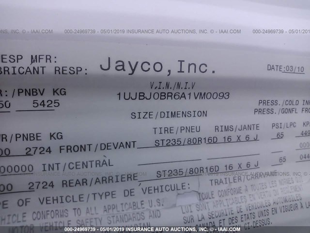 1UJBJ0BR6A1VM0093 - 2010 JAYCO OTHER  WHITE photo 9