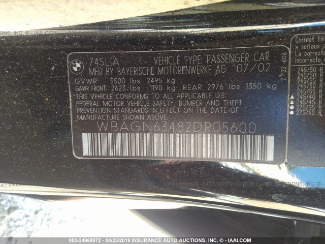 WBAGN63482DR05600 - 2002 BMW 745 LI BLACK photo 9