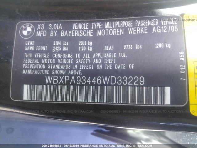 WBXPA93446WD33229 - 2006 BMW X3 3.0I BLACK photo 9