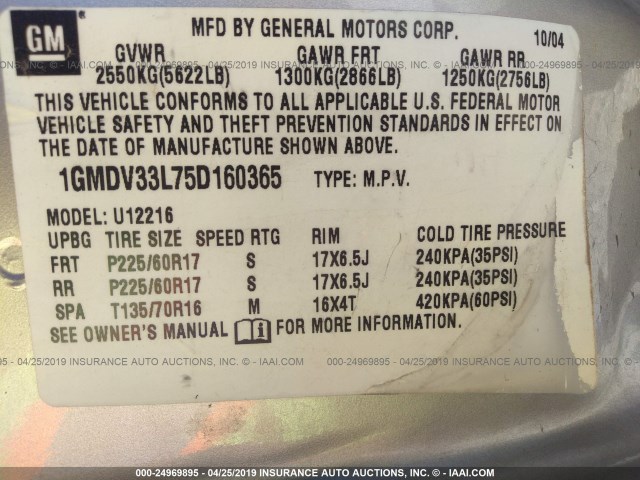 1GMDV33L75D160365 - 2005 PONTIAC MONTANA SV6 SILVER photo 9