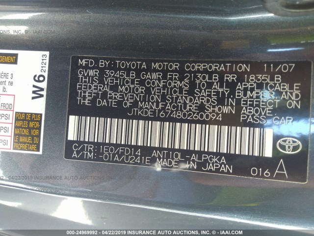 JTKDE167480260094 - 2008 TOYOTA SCION TC GRAY photo 9