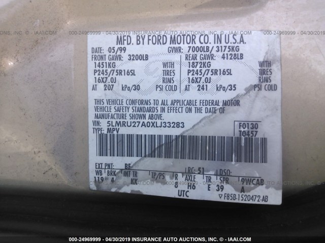 5LMRU27A0XLJ33283 - 1999 LINCOLN NAVIGATOR 棕色 照片 9