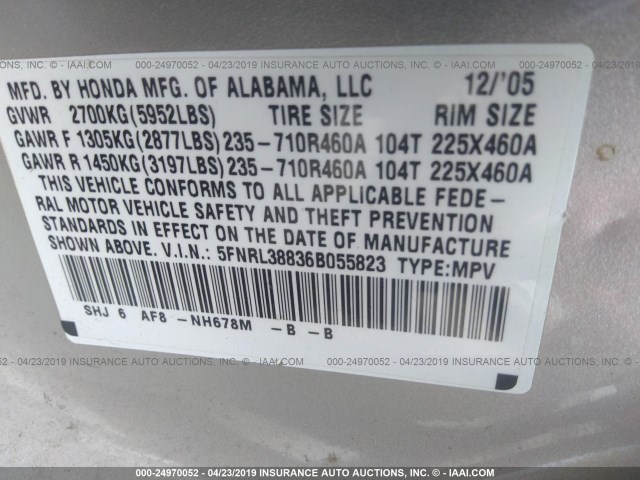 5FNRL38836B055823 - 2006 HONDA ODYSSEY TOURING GRAY photo 9