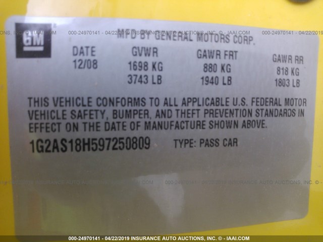 1G2AS18H597250809 - 2009 PONTIAC G5 YELLOW photo 9