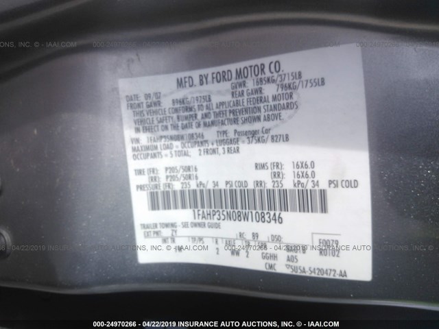 1FAHP35N08W108346 - 2008 FORD FOCUS SE/SEL/SES SILVER photo 9