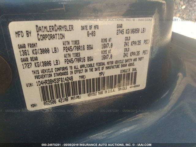 1D4HR38N53F614248 - 2003 DODGE DURANGO SPORT BLUE photo 9