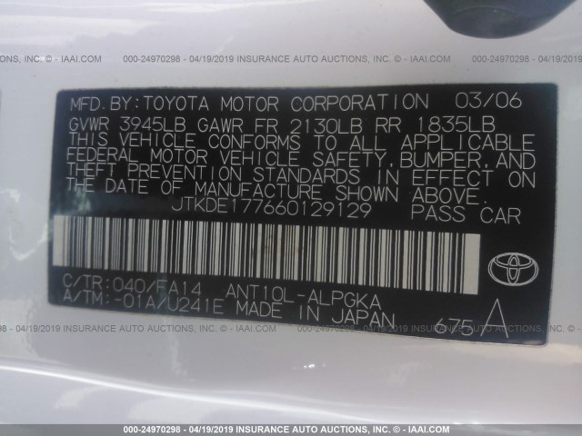 JTKDE177660129129 - 2006 TOYOTA SCION TC WHITE photo 9