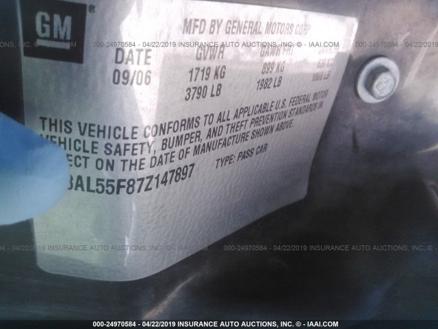 1G8AL55F87Z147897 - 2007 SATURN ION LEVEL 3 GRAY photo 9