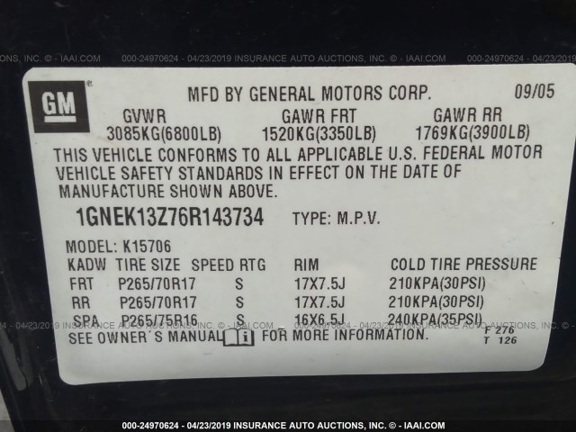 1GNEK13Z76R143734 - 2006 CHEVROLET TAHOE K1500 BLACK photo 9